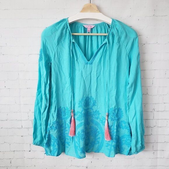 Lilly Pulitzer Willa Embroidered Top Size XXS Aqua Blue Boho Coastal Tassels - Picture 2 of 9